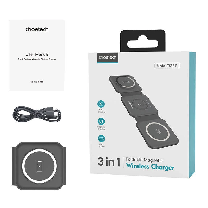 Choetech T588-F 3v1 magnetická bezdrôtová nabíjačka 15W (čierna)