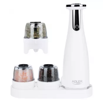 Sada mlynčekov na soľ a korenie Adler AD 4449W oceľ biela, keramický mlynček, 150 ml, USB-C nabíjateľná
