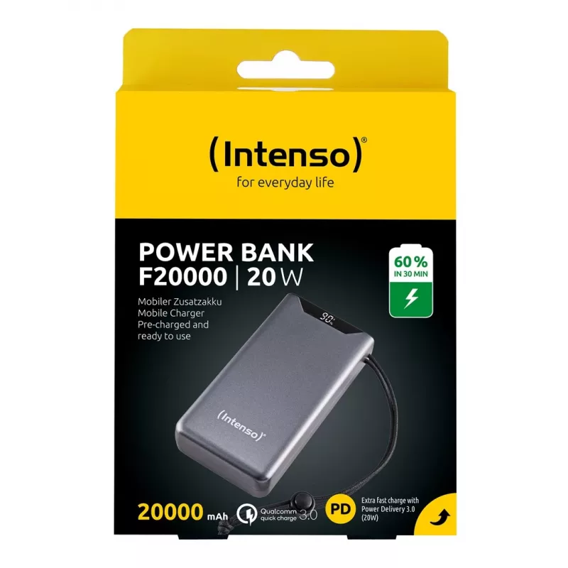 Powerbank INTENSO 7332054 — 20000 mAh, PD 3.0 & QC 3.0, 20 W, USB-A + USB-C, sivá
