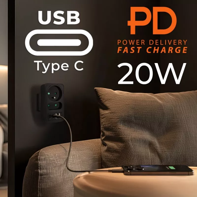 Rozbočovač napájania MACLEAN MCE249 F/B – 2 AC zásuvky (16A + 6A) s 2×USB-A a 2×USB-C PD 20W, EU konektor, čierny
