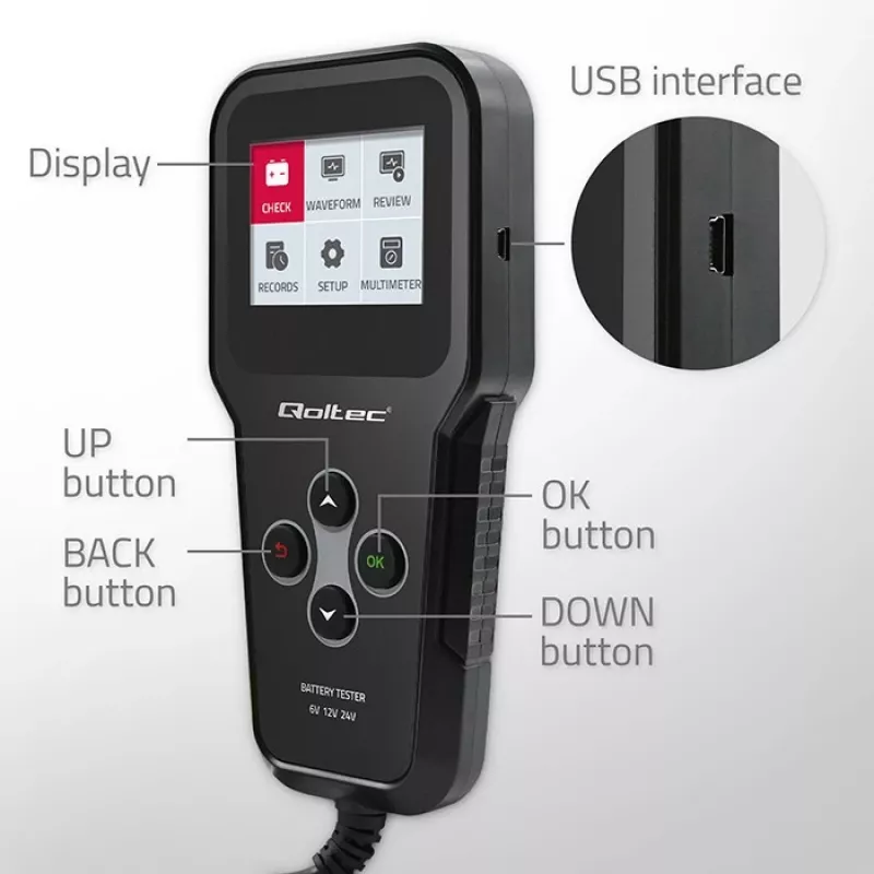 Qoltec 52489 digitálny tester a analyzátor batérií 3-in-1 s LCD a viacjazyčný 6V | 12V | 24V | 30Ah-200Ah