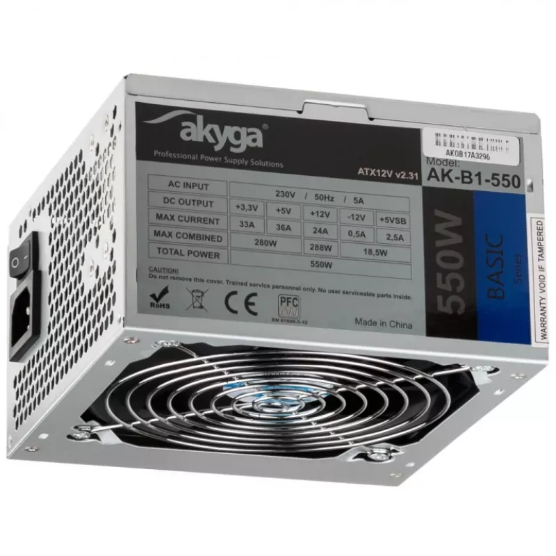 Akyga Basic AK-B1-550 ATX napájací zdroj 550 W, 120 mm ventilátor, pasívne PFC, sivý