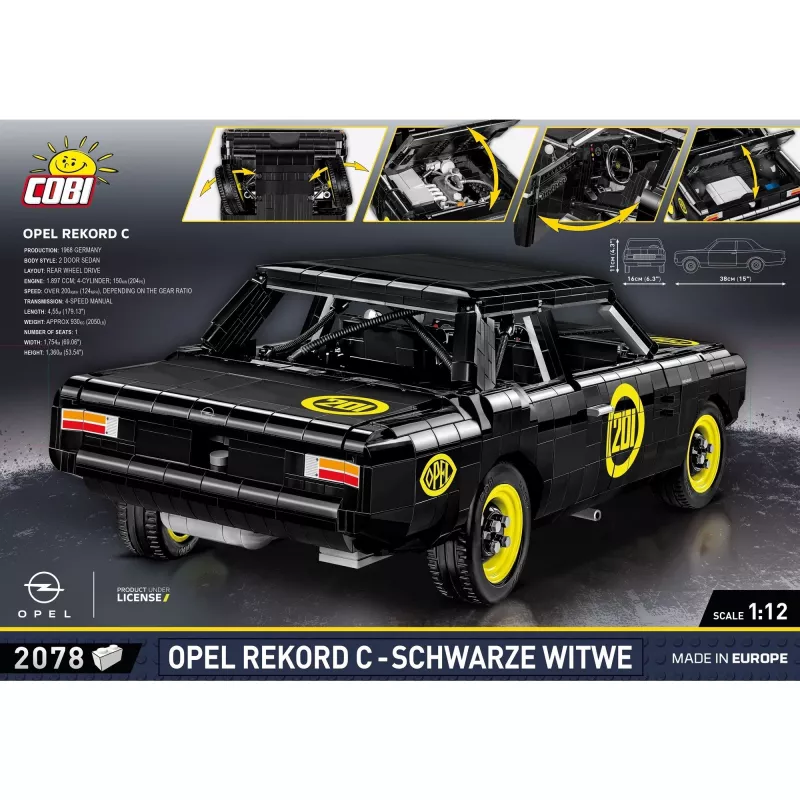 Stavebnica Cobi Opel Rekord C, plastový model auta, 2078 dielov, vek 10+