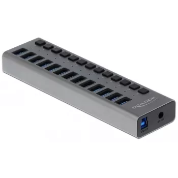 DeLOCK externý USB 5 Gbit/s hub s 13 portami + prepínač, USB 3.2 Gen 1 (3.1 Gen 1) Type-B, USB 3.2 Gen 1 (3.1 Gen 1) Type-A, 5000 Mbit/s, sivý, hliník, 1 m