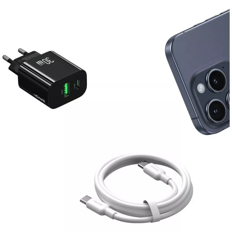 USAMS nabíjačka USA001631 30W s 1x USB-C a 1x USB-A rýchle nabíjanie