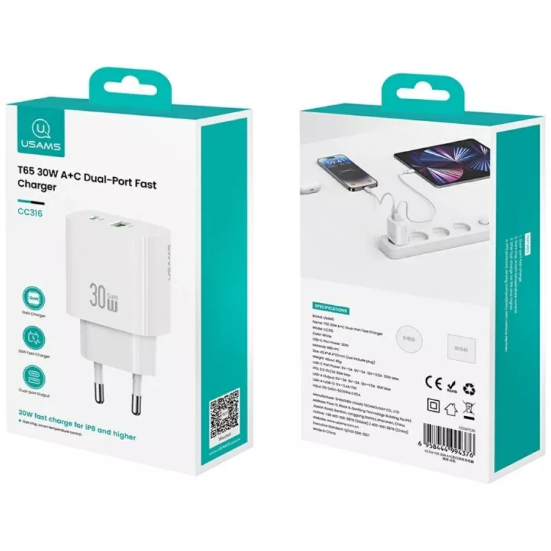 Nabíjačka usams USA001632 30W 1×USB-C 1×USB-A rýchle nabíjanie