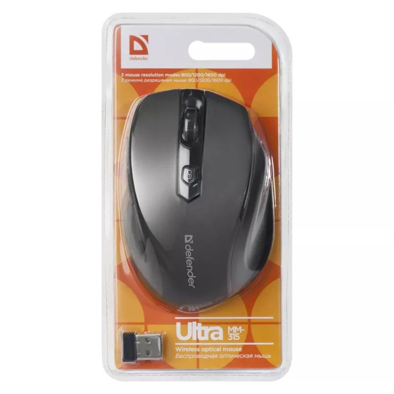 Bezdrôtová RF optická pravoručná myš DEFENDER ULTRA MM-315 — 1600 DPI, 6 tlačidiel, USB prijímač, čierna