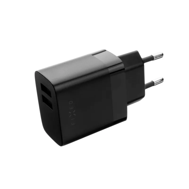 Pevná cestovná nabíjačka Dual-USB FIXC17N-2U-BK, 17 W, prenosný USB napájací adaptér, čierna