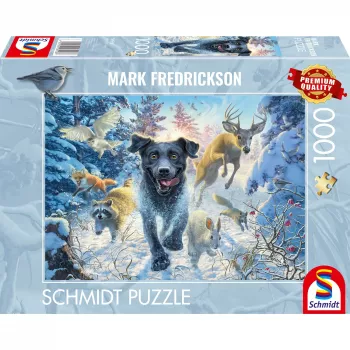Mark Fredrickson: Hundeliebe – čierny labrador v snehu, puzzle 1000 dielikov