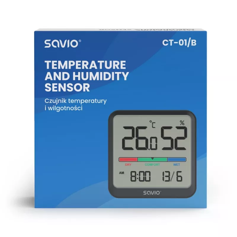 Savio CT-01/B bezdrôtový snímač teploty a vlhkosti do interiéru, LCD, hodiny, dátum, magnetický držiak, čierny