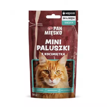 Pan Miesko Mini-kačacie tyčinky s kocúrnikom 50 g — hypoalergénna, bezobilninová a bezsójová maškrta pre dospelé mačky
