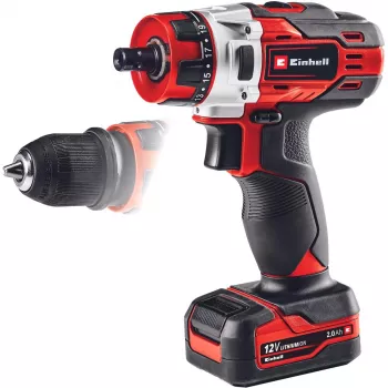 Einhell TE-CD 1. Produktový dizajn: ručná vŕtačka, typ skľučovadla: bez kľúča. Počet prevodových stupňov: 2, 20, voľnobežné otáčky (max.): 1400 ot/min, vŕtanie
