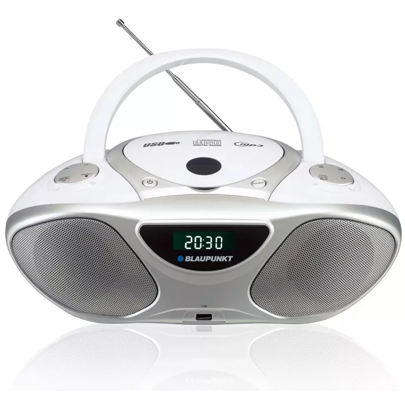 CD rekordér BLAUPUNKT BB14WH — CD rekordér s prehrávaním MP3, USB, LCD, hodiny, 2x1 W reproduktory, strieborná/biela