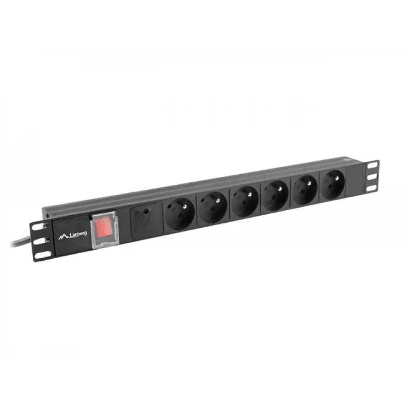 Rozvodná jednotka LANBERG PDU-06E-0200-BK — 6x výstupy typu E, 16 A, kábel 2 m, 1U rack, 220–250 V