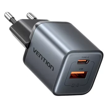 Vention FEWH0-EU 30W GaN nabíjačka — 1× USB-C, 1× USB-A, 30 W, čierna