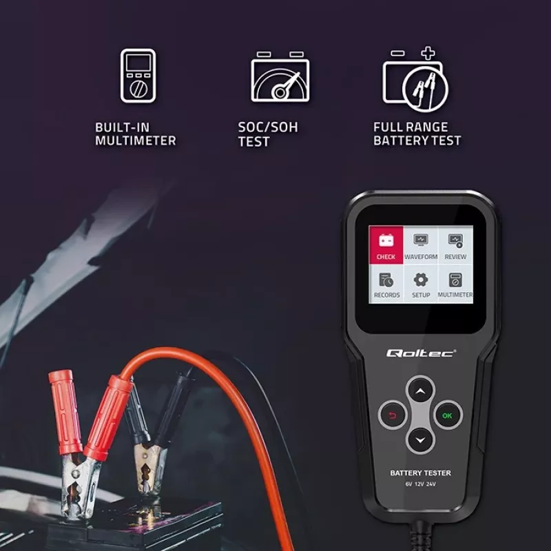 Qoltec 52489 digitálny tester a analyzátor batérií 3-in-1 s LCD a viacjazyčný 6V | 12V | 24V | 30Ah-200Ah