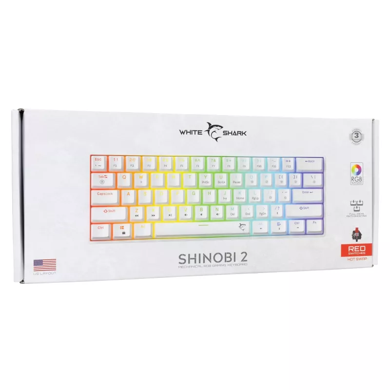 Káblová mechanická klávesnica White Shark Shinobi-2 (GK-004211) — US-layout, Red spínače, biela