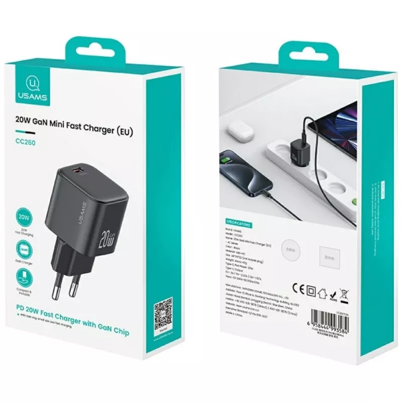 Nabíjačka usams USA001627 20W 1×USB‑C s káblom USB‑C — rýchlonabíjací adaptér pre telefóny a tablety