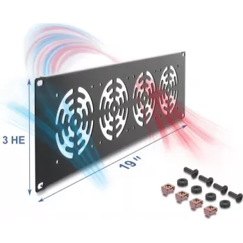 Krycia doska DELOCK 67417 — kovové príslušenstvo do racku so 4 integrovanými ventilátormi, tmavosivá
