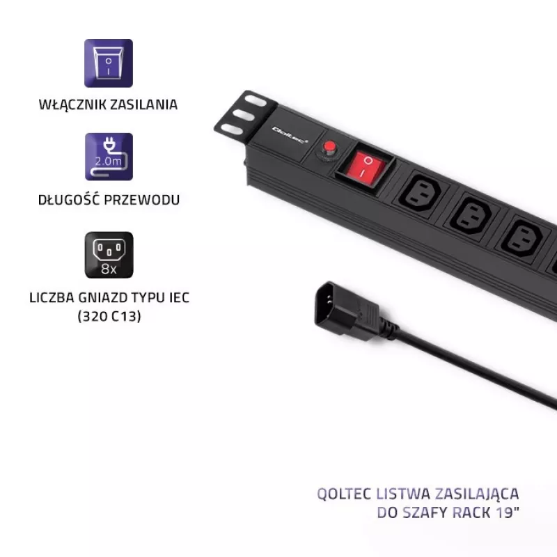Qoltec 53998 zásuvkový blok pre RACK 19 | 1U | 10A | PDU | 8xIEC C13 | 2m