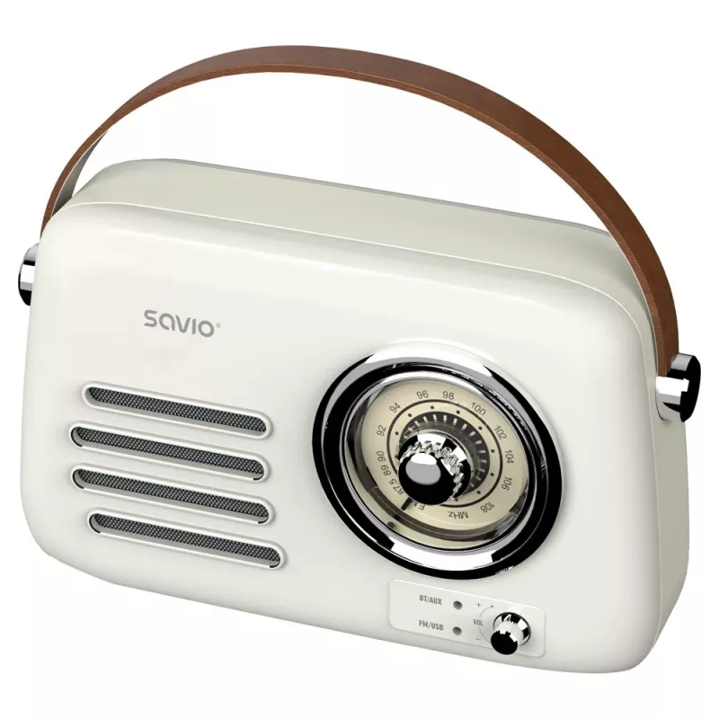 Prenosné rádio SAVIO RS-02 — analógový FM tuner, Bluetooth 5.3, napájanie USB, 3 W, biela