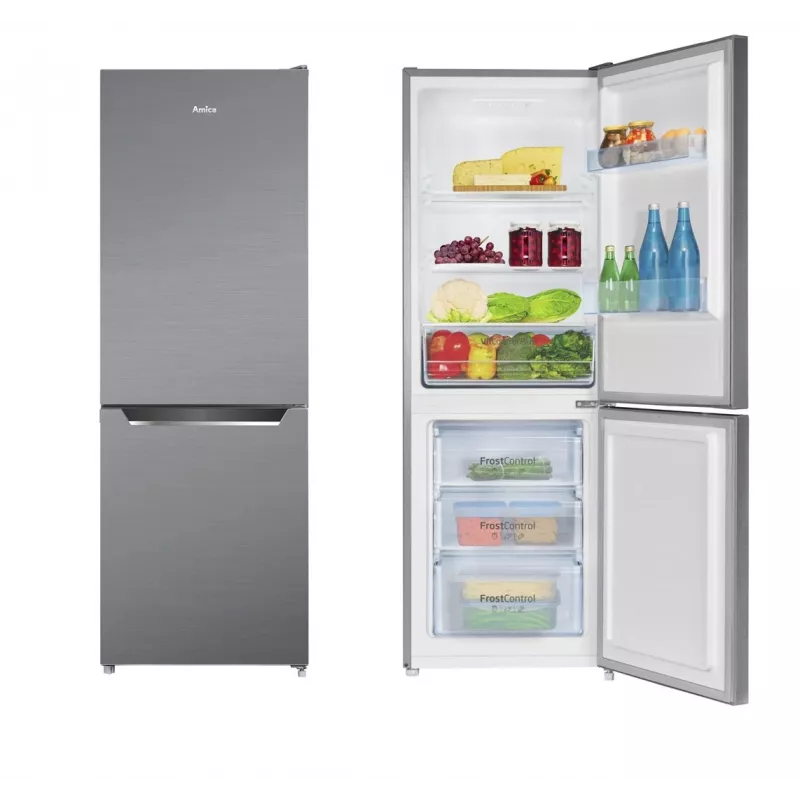 Amica FK2425.4UNTX(E) voľne stojaca chladnička s mrazničkou dole, 153 l chladnička + 74 l mraznička, FrostControl, energetická trieda E, strieborná