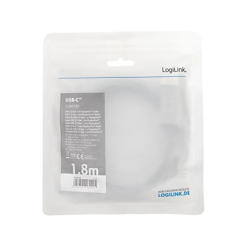 LogiLink CUA0100 káblový adaptér DisplayPort USB 3.2 Gen1 Type-C 1,8m čierny sivý