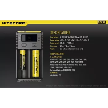 Nabíjačka batérií Nitecore NEW i2 — 2-slotová nabíjačka pre LiFePO4, Li-Ion, NiMH; vstup 100–240V; výstup 9–12V; podporuje AAAA/C/D/AAA/AA; čierna