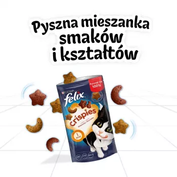 Suché mačacie maškrty Felix Crispies hovädzie a kurča 45 g – mäsová chrumkavá maškrta pre dospelé mačky, 31,5 % bielkovín, 15,5 % tukov