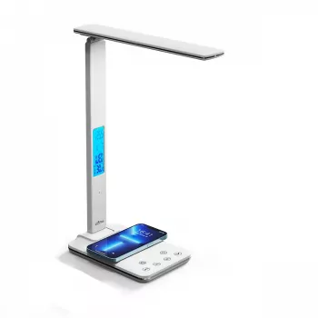 Media-Tech MT222 Leditou LED stolová lampa s 15 W bezdrôtovou nabíjačkou Qi, hodinami, budíkom, teplomerom, biela