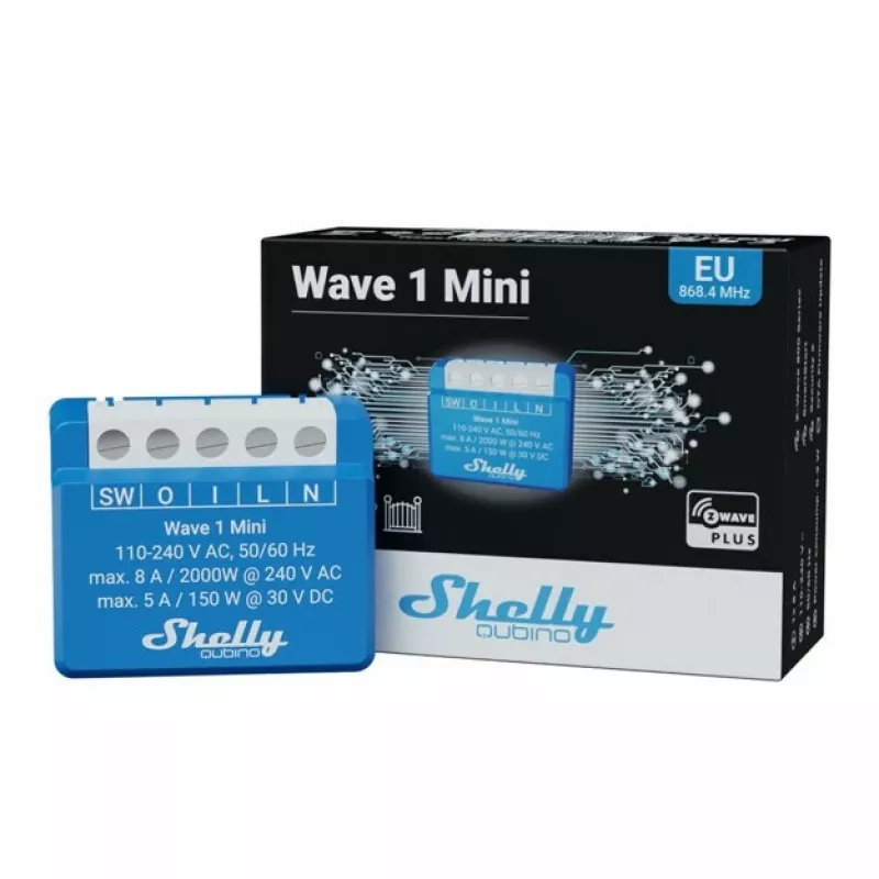 Smart relé Shelly Qubino Wave 1 Mini bezdrôtové 110–240V, 8A AC / 5A DC, 868,4 MHz, pre interiér, modrá