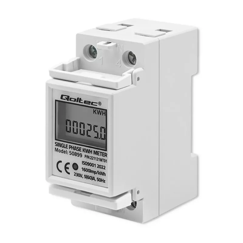 Jednofázový merač spotreby energie QOLTEC 50899 230 V 50 Hz, 5(60)A, trieda 1.0, LCD