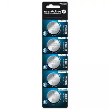Gombíková lítiová batéria everActive CR2450, 3 V, výška 5 mm — balenie 5 ks