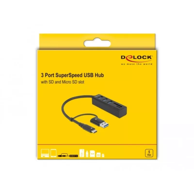 3 port USB 3.2 Gen 1 hub + SD a Micro SD čítačka kariet s USB Type-C alebo USB Type-A pripojením, USB hub