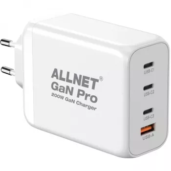 ALLNET napájací zdroj PSU-GaNPD-USB-1A3C-200W — 200W GaN USB nabíjačka, 1× USB-A, 3× USB-C