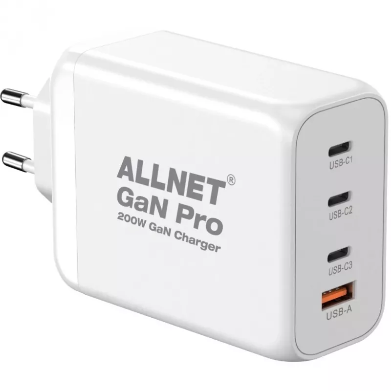 ALLNET napájací zdroj PSU-GaNPD-USB-1A3C-200W — 200W GaN USB nabíjačka, 1× USB-A, 3× USB-C