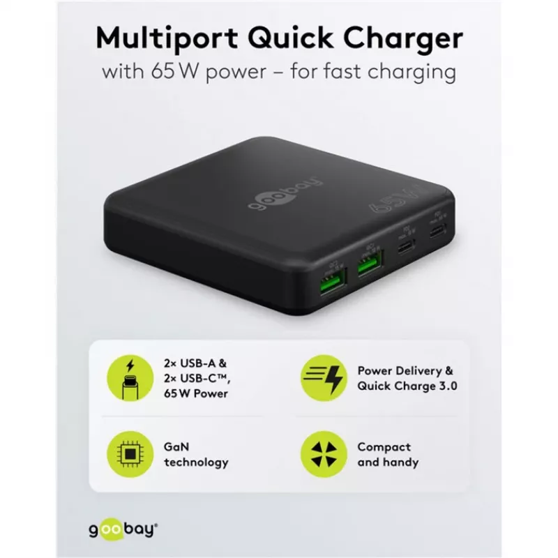 GOOBAY Multiport USB-C PD GaN stolná nabíjačka 65 W, čierna
