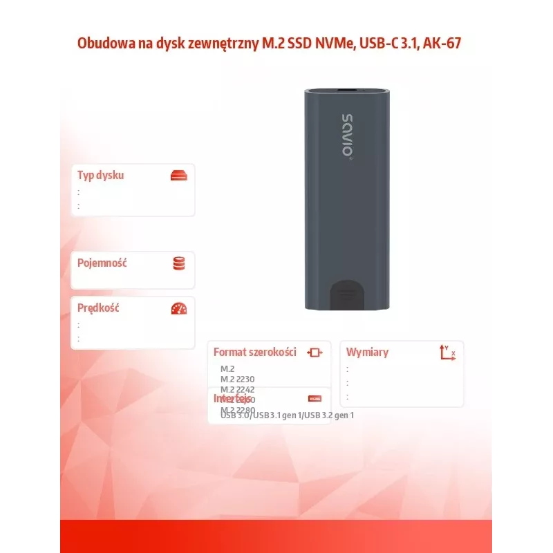 Puzdro na M.2 SSD SAVIO AK-67 sivé, USB 10 Gbit/s, podpora pre jednotlivé M.2 disky