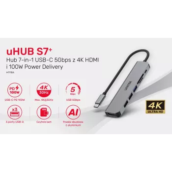 USB-C hub Unitek 7in1 hliník PD 100W 5 Gbps — multiport adaptér s Power Delivery