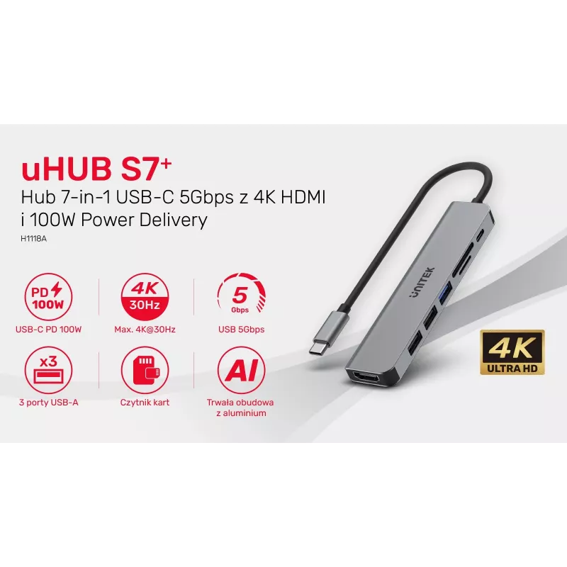 USB-C hub Unitek 7in1 hliník PD 100W 5 Gbps — multiport adaptér s Power Delivery
