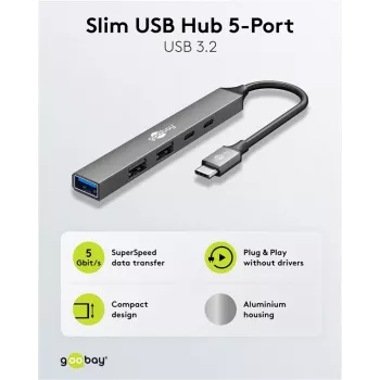 Goobay Slim 5-portový USB hub, USB-C™ na USB-C™/USB-A, USB 3.2 (74460)