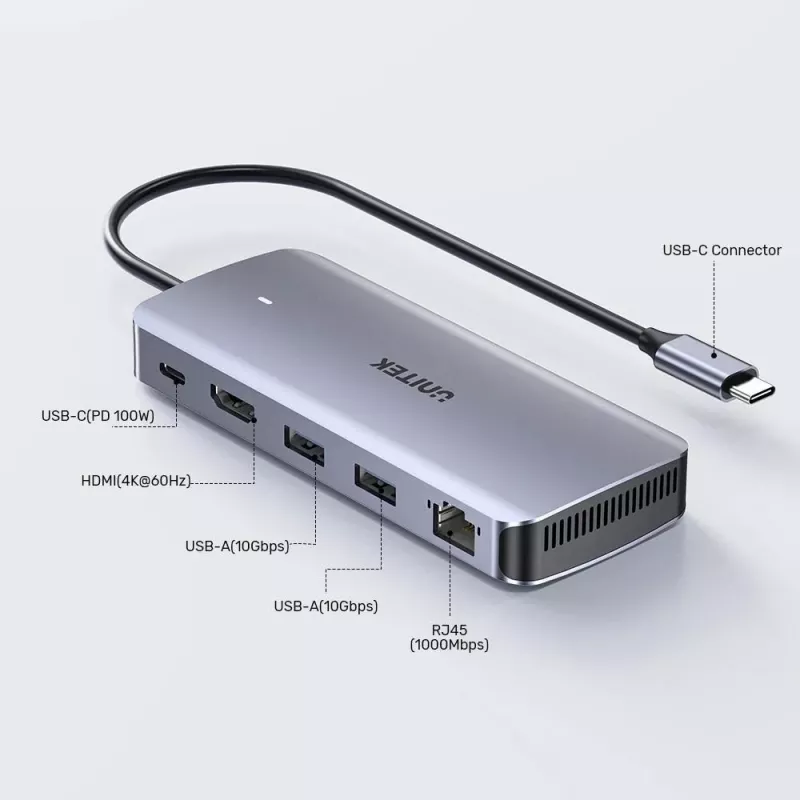 UNITEK aktívny hub USB-C 10GBPS,M.2,HDMI, PD 100W