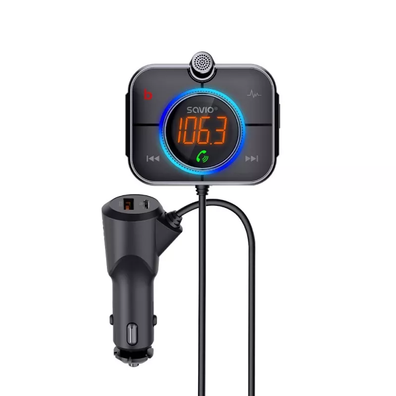FM vysielač SAVIO TR-14 Bluetooth USB, FM 87,6–107,9 MHz, MicroSD, USB-C, 12 V napájanie z auta