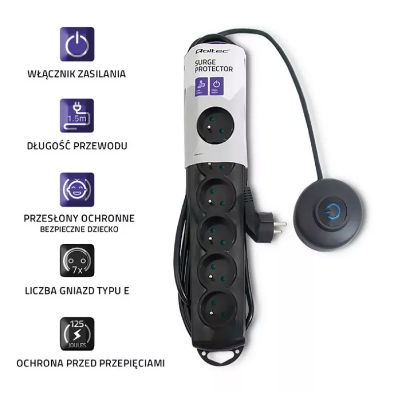 Prepäťová ochrana Qoltec 50171 čierna 7 AC zásuviek 230V 1,5m