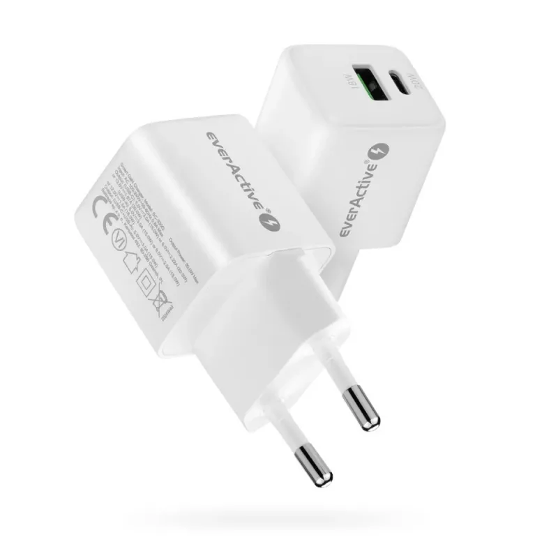 Nástenná nabíjačka everActive SC-330Q s 1x USB-A a 1x USB-C konektormi, 20W, biela