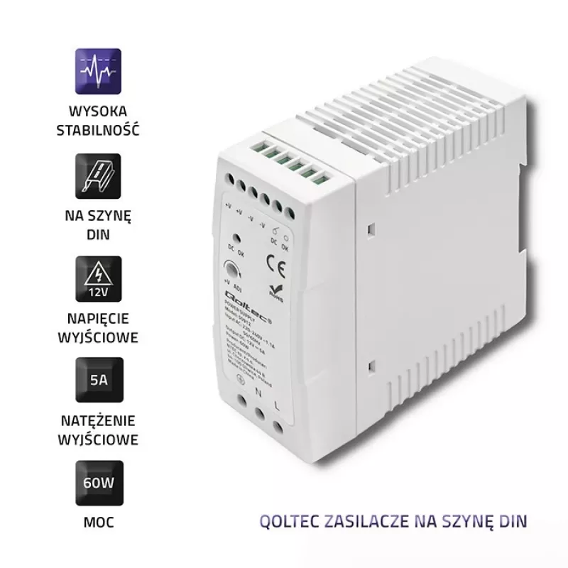 Qoltec DIN lištový napájací zdroj | 60W | 12V | 5A | biely | tenký
