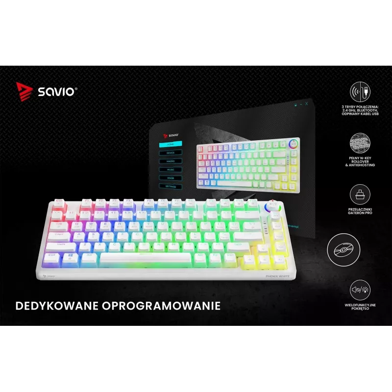 Herná klávesnica Savio Phenix WHITE GAT RED PUD káblová bezdrôtová USB Bluetooth RGB LED