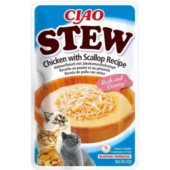 Vlhké krmivo – maškrty pre mačky INABA Ciao Stew kura a mušľa svätojakubská vrecúško 40 g – bez obilnín, dospelé, mäsové