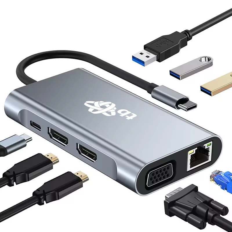 HUB 8in1 adaptér USB C HDMI x2 USB VGA RJ45 PD