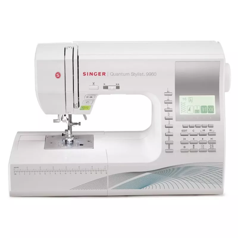 Šijací stroj SINGER Quantum Stylist 9960 — 600 vzorov stehov, 13 automatických programov gombíkovej dierky, systém voľného ramena